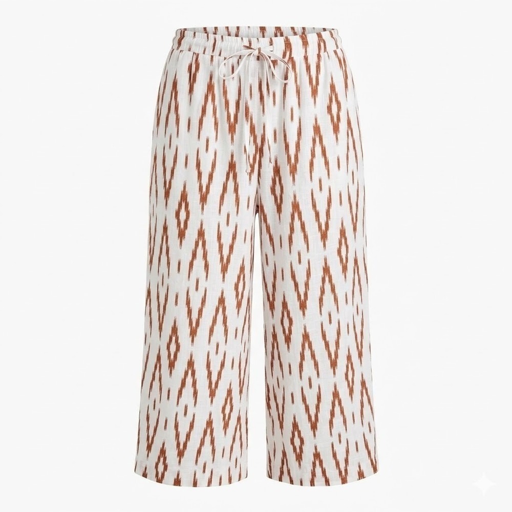 NEW‎ Vince Camuto 3X White Brown Ikat Linen Blend Wide Leg Crop Drawstring Pants